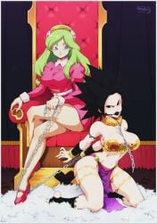 2girls ball_gag belt black_eyes black_hair blue_eyes bondage breasts brianne_de_chateau caulifla chain_leash chains chair collar dominatrix dragon_ball dragon_ball_super dress gag gagged green_hair hairband harem_outfit high_heels large_breasts leash liesday long_hair multiple_girls pink_dress saiyan sitting_on_chair slave spiky_hair wrist_cuffs yuri