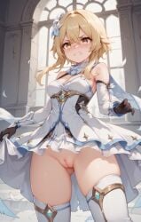 1girls ai_generated angry cameltoe crying cute forced genshin_impact lumin lumine_(genshin_impact) pussy rengoart thighhighs