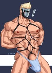 abs balls bara biceps big_balls big_bulge big_penis blonde_hair bondage bulge bulge_through_clothing callmea_(artist) male male_nipples male_only mask masked masked_male muscular_male nipples pecs penis penis_outline silvyspark thong underwear