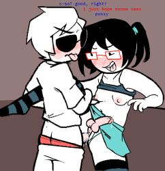 1boy 1futa anal areolae balls black_hair black_hair_female blonde blonde_hair blonde_hair_male brat breasts clothed clothing dave_strider dickgirl embarrassed erection futanari glasses homestuck homestuck^2 human intersex june_egbert male male_on_futa mostly_clothed mostly_nude nipples penis power_bottom sex short_hair short_hair_female short_hair_male standing strilalonder sunglasses