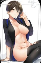 arm_support artist_name asymmetrical_hair black_legwear bottomless breasts brown_eyes brown_hair cleavage female female_only isshiki_(ffmania7) kaga_(kantai_collection) kantai_collection large_breasts navel open_clothes open_shirt ponytail shirt side_ponytail sitting sketch solo thighhighs twitter_username