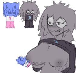 2girls :3 big_breasts black_topwear blue_body blue_hair blush blush_lines blushing blushing_at_partner breast_sucking breasts breasts_out clothed female_only glasses grey_body grey_eyes grey_hair grey_nipples half-dressed holding_breast homestuck homestuck_oc horns long_hair looking_at_partner medium_hair multiple_girls oc original_character original_characters pink_legwear size_difference solo_focus sweater tagme titfuck_under_clothes tits tongue tongue_out white_topwear yuri