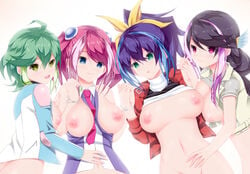 4girls ahoge between_breasts blue_eyes bottomless bracelet bracelet_girls breasts calcio celina clothes_between_breasts female female_only green_eyes green_hair hand_holding highres hiiragi_yuzu human interlocked_fingers jewelry kurosaki_ruri large_breasts lulu_obsidian multicolored_hair multiple_girls nipples pink_hair ponytail purple_eyes purple_hair rin_(yu-gi-oh!_arc-v) serena_(yu-gi-oh!_arc-v) siblings sisters twintails yu-gi-oh! yu-gi-oh!_arc-v zuzu_boyle