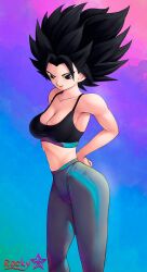 1girls ass black_eyes black_hair black_sports_bra breasts caulifla dragon_ball dragon_ball_super looking_at_viewer medium_breasts midriff pants r0ckystar saiyan spiky_hair sports_bra universe_6 yoga_pants