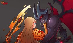 aatrox angel armor blonde_hair blue_hair demon kayle league_of_legends looking_at_each_other riot_games sword tagme