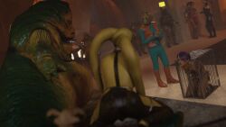 3d 4girls alexbridger angry_face background_characters boba_fett dancer dancer_outfit femsub gamorrean greedo green_skin harem harem_girl harem_outfit jabba's_palace jabba_the_hutt mandalorian oola purple_hair rodian sabine_wren salacious_crumb short_hair slave slave_collar slave_outfit slavegirl star_wars submissive_female twi'lek