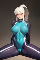 ai_generated big_breasts breasts latex latex_catsuit latex_clothing latex_suit long_hair looking_at_viewer pussy smile smiling white_hair