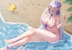 1animal 1girls alsace_(azur_lane) alsace_(heat-beating_summer_sacrament)_(azur_lane) aviator_sunglasses azur_lane barefoot beach between_breasts bikini blue_eyes blue_hair blue_necktie breasts crossed_legs day detached_collar female flower food full_body hair_flower hair_ornament highres holding holding_food holding_popsicle huge_breasts iris_libre_(azur_lane) light-skinned_female light_skin long_hair looking_at_viewer looking_over_eyewear manjuu_(azur_lane) multi-strapped_bikini_bottom navel necktie necktie_between_breasts official_alternate_costume orange-tinted_eyewear outdoors palm_leaf parted_hair popsicle purple_flower sand sitting soles summer sunglasses swimsuit tinted_eyewear very_long_hair water white_bikini zackura_saku