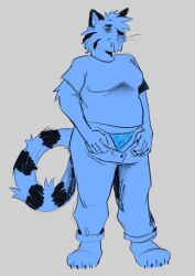 2024 andromorph anthro clothed clothing domestic_cat felid feline felis genitals hi_res intersex mammal overweight overweight_andromorph overweight_anthro overweight_intersex pussy restricted_palette solo standing undressing videonastyz