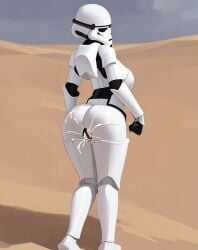 1girls after_sex ai_generated cum_in_pussy desert looking_back pussy star_wars stormtrooper white_gloves white_helmet white_shirt