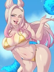 absurdres ahri animal_ears bikini blonde_hair blue_eyes breasts cleavage female greenmarine highres huge_breasts k/da_ahri k/da_series large_breasts league_of_legends lips long_hair non-web_source one_eye_closed open_mouth solo swimsuit thighs wide_hips yellow_bikini