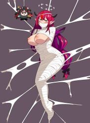 2girls blue_eyes bondage bound breasts cocoon exposed_breasts gag gagged hakos_baelz hololive hololive_english horn imbsengirl irys irys_(hololive) long_hair multiple_girls mummification nipples pointy_ears red_eyes red_hair restrained spider spider_baelz spider_girl spider_web sweat tied tied_up virtual_youtuber web web_bondage web_gag