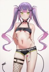 1girls ai_generated belly black_shirt crop_top green_eyes hololive medium_breasts navel purple_hair thigh_squish thigh_strap thighs tokoyami_towa twintails virtual_youtuber