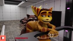16:9 2023 3d_(artwork) 5_fingers against_surface anthro ass big_butt black_nose brown_body brown_clothing brown_fur brown_headwear brown_stripes camseven claws clothing digital_media_(artwork) duo english_description eyebrows fingers fur green_eyes guardians_of_the_galaxy hand_on_leg hand_on_thigh headgear headwear hi_res interspecies lombax male male/male male_rimming_male mammal marvel nude_anthro nude_male procyonid raccoon ratchet_(ratchet_and_clank) ratchet_and_clank red_eyes rocket_raccoon sony_corporation sony_interactive_entertainment sound_effects striped_arms striped_ears striped_legs stripes text thick_eyebrows thick_thighs white_claws widescreen yellow_body yellow_fur