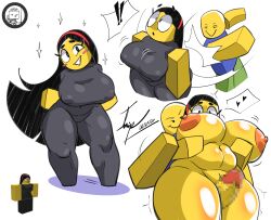 2d 2d_(artwork) 2d_artwork angrydiaper123 ass_slap ass_spank big_breasts black_hair busty censored censored_penis female nipple_bulge roblox roblox_avatar shocked surprised thick_thighs thigh_sex thighjob