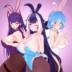 3d 3girls ahoge akuma_nihmune areloa_slip areolae ass bao_(vtuber) big_ass big_breasts blue_hair blue_nails body_markings breasts bunny_ears bunnysuit collar dark_hair deluxe_rosie demon_girl demon_horns female female_only heart_ahoge hips horns hourglass_figure huge_breasts indie_virtual_youtuber leotard light-skinned_female light_skin lipstick long_hair looking_at_viewer multicolored_hair nipple_bulge open_mouth orca_girl orca_tail pantyhose peace_sign pink_eyes pink_nails pose posing purple_eyes purple_hair red_eyes short_hair shylily smile standing strapless_leotard tail the_bikini_bottoms thick_thighs thighs thin_waist virtual_youtuber whale_girl white_hair wide_hips