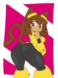 glitch_productions arsennet kit_(gameoverse) kit_bodega gameoverse 1girls solo cat_ears cat_tail catgirl cat_girl cat anthro fur furry ass big_ass dat_ass curvy curvaceous thick_thighs bubble_butt standing pinup pink_background white_background short_hair purple_eyes brown_hair bangs bob_cut sidelocks sideboob breasts perky_breasts tail fang whiskers looking_back looking_at_viewer facing_away armor leggings skin_tight spandex yellow_shirt sleeveless sleeveless_dress bare_shoulders goggles goggles_on_head clothing clothed_female brown_fur tan_fur alternate_version_available