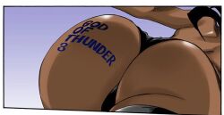 1girl ass ass_focus bikini black_bikini body_writing border close-up dark-skinned_female dark_skin from_behind head_out_of_frame huge_ass photoshop_(medium) solo swimsuit thighhighs manga manga_page official_art yoruichi_shihouin shihouin_yoruichi bleach