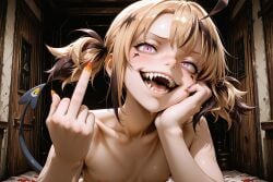 ai_generated arbitrary fangs freckles gigi_murin hololive hololive_english hololive_english_-justice- middle_finger sharp_nails sharp_teeth virtual_youtuber
