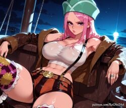 1girl 2026 abs ai_generated anime belt boobs breasts cleavage covered_nipples crop_top crossover eye_contact female female_focus female_only hat highres huge_breasts jacket jewelry jewelry_bonney large_breasts long_hair looking_at_viewer midriff navel night nsfw one_piece orange_shorts patreon pink_hair purple_eyes ring rognezart short_shorts shorts sitting sky solo suspenders tank_top thick_thighs thighhighs thighs very_long_hair