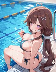 1girls ai_generated bikini brown_hair female female_only fogine hypnotic_eyes light-skinned_female light_skin nipples pink_nipples pool pumpci pumpcigarette purple_eyes twintails virtual_youtuber vtuber