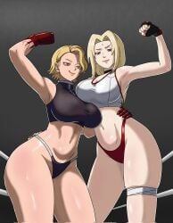 2girls tougen_anki sazanami_kuina tsunade naruto_(series) naruto mature mature_female mature_woman milf cristicko3845 crossover blonde_hair hair short_hair yellow_eyes lips smile tongue tongue_out forehead_jewel brown_eyes gloves handwear red_nails red_nail_polish nails nail_polish big_breasts breasts arm_up hand_on_waist hands_on_waist wrestling_outfit topwear bottomwear black_thong thong red_thong hips thigh_strap thighs female female_only