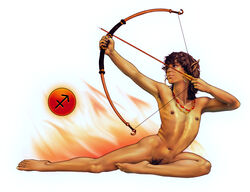 1boy action_pose ambiguous_gender androgynous arrow bow_(weapon) elf femboy fire flat_chest flat_chested humanoid jewelry male male_only necklace nipples nude pointy_ears pose pubes ranged_weapon sagittarius sagittarius_(symbol) sagittarius_(zodiac) simple_background solo weapon white_background yuni zodiac