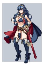 1futa ankle_boots balls bikini blue_hair blush boots breasts cleavage cock_sleeve color crotchless curvy fingerless_gloves fire_emblem fire_emblem_awakening flaccid futa_only futanari heels high_heels huge_balls huge_breasts intersex large_penis long_hair looking_at_viewer lucina_(fire_emblem) midriff muscular_futanari no_panties penis penis_out ratedehcs slim standing sword watermark