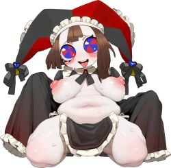 1girl ahegao black_dress black_hat blush bottomless breasts brown_hair chubby drooling edit fat frills heart-shaped_pupils highres huge_breasts indoors jester_hat lactating large_belly lumpypaca lumpypacas maid_apron maid_headdress maid_outfit nipples no_backround open_mouth pink_nipples pomni pomni_(the_amazing_digital_circus) red_hat rolling_eyes ruffled_apron saliva shiny_skin short_hair sitting skirt_lift solo speech_bubble spread_legs sweat text text_tattoo the_amazing_digital_circus thick_thighs tongue_out transparent_background wardrobe_malfunction white_apron wide_hips
