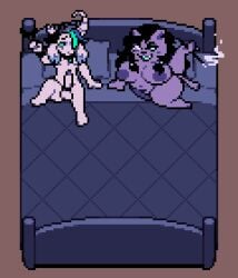 accessory anthro areola asriel_dreemurr balls bdsm bed bedroom_eyes big_bed big_breasts big_penis black_hair blush bondage bound bovid breasts broken_horn caprine catty_cattenheimer cigar cigarette cock_ring collar cuff_(restraint) digital_media_(artwork) domestic_cat dominant dominant_female duo dyed_fur ears_as_hair erection felid feline felis fellshift female femboy fur furniture genitals goat hair half-closed_eyes hi_res highlights_(coloring) horn huge_breasts humanoid_genitalia humanoid_penis imminent_sex jewelry long_hair male male/female mammal moronicpixels narrowed_eyes nipples nude on_bed overweight overweight_anthro overweight_female penis penis_accessory penis_jewelry pillow purple_body purple_fur restraints seductive simple_background sitting sitting_on_bed smile smoke smoking smoking_cigarette submissive submissive_male tail teeth thick_thighs undertale undertale_(series) white_body white_fur wrist_cuffs xenias98