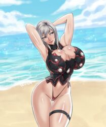 aranea_highwind armor armpits beach breasts cleavage cleavage_cutout clouds devil-v final_fantasy final_fantasy_xv grey_hair hands_behind_head huge_breasts ocean purple_eyes revealing_clothes shaved_armpit silver_hair smooth_skin thighs thong