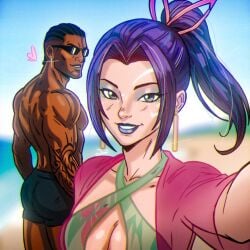beach black_hair blade_(eric_brooks) cleavage cornrows couple dark-skinned_male kissmarks lipstick marvel marvel_rivals ponytail psyblade psylocke psylocke_(sai)_(breezy_butterfly) purple_hair selfie shirtless sunglasses swimsuit tattoo