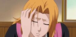 1girl animated bleach cleavage closed_eyes fat_breasts gif huge_breasts long_hair matsumoto_rangiku official_art orange_hair screencap sexy_face sexy_pose solo