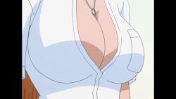 1girl bleach breasts cleavage fat_breasts huge_breasts matsumoto_rangiku official_art open_clothes open_shirt rangiku_matsumoto school_uniform screencap shirt solo