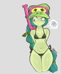 1girl alli_(brawl_stars) annoyed_expression belly_button bestankk bikini black_bikini blush_lines braid braided_hair brawl_stars breasts collarbone female female_only front_view green_hair green_skin grey_background hands_behind_back hat headgear long_hair looking_away navel ouzzxz shiny_skin shy simple_background slim_waist small_breasts snorkel speech_bubble thick_thighs tied_hair voluptuous wide_hips