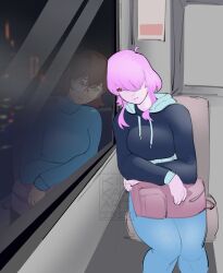 1girls adelheid_(jimbles_unown) brown_hair color heterochromia hoodie kilkan original_character original_characters_only pink_hair reflection riding_train train_interior