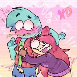 1boy1girl biting_own_lip blushing characterdesign crazy_female ducker_mctoon farm_boi farmer farmily female_yandere humor oc original_character soft_color sweat tongue_out touching_penis xd yandere
