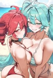 ai_generated hi_res highres quaternionic vocaloid utau 2girls hatsune_miku kasane_teto aqua_eyes aqua_hair red_hair red_eyes short_hair long_hair twin_drills striped_bikini bikini beach choker outdoors ocean white_bikini red_bikini breasts large_breasts small_breasts twintails ahoge breast_press docking asymmetrical_docking smile blush looking_at_viewer side-tie_bikini striped water presenting ass collarbone height_difference comparing 2026