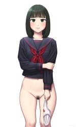 1girl arm_at_side black_hair black_sailor_collar black_shirt blush bottomless bow bow_panties closed_mouth commentary_request crop_top cropped_shirt crotch_seam feet_out_of_frame female_pubic_hair green_eyes hand_on_own_arm highres holding holding_panties holding_underwear holding_unworn_clothes long_sleeves looking_at_viewer medium_hair neckerchief original panties picot_trim_panties pubic_hair red_neckerchief sailor_collar sailor_shirt school_uniform shirt simple_background smile solo standing straight-on straight_hair underwear variant_set white_background wispy_bangs yurashima