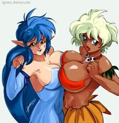 2girls rongo mii_(jungle_de_ikou) jungle_de_ikou big_breasts blonde_hair blue_eyes bottomwear breasts cleavage female female_only hair huge_breasts necklace neckwear orange_skirt revealing_clothes short_hair short_skirt skimpy skimpy_clothes skirt skull_necklace smile strapless_top thighs topwear tribal tribal_clothing white_background blue_hair long_hair ignea_barracuda yellow_eyes pointy_ears breast_to_breast breast_focus purple_lips purple_lipstick lipstick detached_sleeves blue_dress dress clothing