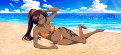 1girl 2026 2d 2d_(artwork) barefoot beach big_breasts bikini bleach breasts cleavage cloud dark-skinned_female dark_skin day female female_only large_breasts long_hair lying navel ocean on_side orange_bikini outdoors photoshop_(medium) pinup ponytail purple_hair shihouin_yoruichi side-tie_bikini sky solo solo_female sparkling_water swimsuit tattoo vector_trace water yellow_eyes