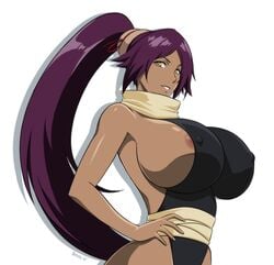 1girls big_breasts bleach breasts dark-skinned_female dark_skin devil-v female female_only huge_breasts purple_hair shihouin_yoruichi sideboob solo