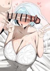 1boy 1girls absurd_res angela_(lobotomy_corporation) aqua_hair bare_shoulders big_breasts blush breasts cant_see_the_haters censor_bar censored cleavage clothed_female_nude_male collarbone dress erection female huge_breasts huge_cock imminent_oral kitanamaro12 large_breasts library_of_ruina medium_hair navel nude open_mouth penis penis_awe penis_on_face project_moon pubic_hair sleeveless stomach sweat tongue tongue_out v veil veiny_penis wedding_dress white_dress