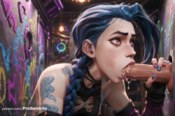 fellatio penis hetero 1boy oral cum braid blue_hair blue_nails gloves cum_in_mouth nail_polish long_hair uncensored tattoo bare_shoulders twin_braids solo_focus fingerless_gloves pink_eyes piercing arm_tattoo jinx_(league_of_legends) progenarts hi_res ai_generated league_of_legends riot_games arcane netflix 1girls female 1boy1girl blowjob_focus
