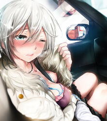 2girls anastasia_(idolmaster) between_breasts blue_bra blue_eyes blue_panties blush bra bra_pull breasts car_interior closed_mouth commentary_request day eyebrows_visible_through_hair fingering fur-trimmed_jacket fur_trim hair_between_eyes idolmaster idolmaster_cinderella_girls jacket jewelry looking_at_viewer medium_breasts miyuki_yaya multiple_girls necklace nipples one_breast_out one_eye_closed open_clothes open_jacket panties pov pussy_juice seatbelt shirt_pull short_hair silver_hair sitting solo_focus sweat underwear white_jacket