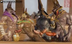 abs animal_genitalia animal_penis anothereidos_of_dragon_vein_r anthro anuberus anubian_jackal armor balls barazoku black_body black_fur blancws canid canine canine_genitalia canine_penis canis dislyte drew_(dislyte) egyptian_architecture egyptian_mythology erection eyewear fur genitals group headgear headgear_only helmet helmet_only jackal jalam_(another_eidos) league_of_legends lilith_games looking_at_another male male/male mammal middle_eastern_mythology muscular muscular_anthro muscular_male mythology nasus_(lol) nipples nude pecs penis riot_games swimming_pool tencent vein veiny_penis xxl_woofia