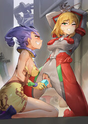 2girls alley blonde_hair blush bodysuit bondage breasts brown_eyes capcom clenched_teeth clitoris crystal forced gao-lukchup gloves green_eyes gun halterneck helmet highres kneeling large_breasts linz_(quiz_nanairo_dreams) multiple_girls object_insertion omokane_saki one_eye_closed purple_hair pussy pussy_juice quiz_nanairo_dreams rape shoes short_hair sideboob skin_tight skirt sweat tears teeth torn_clothes uncensored vaginal_object_insertion vaginal_penetration weapon yuri