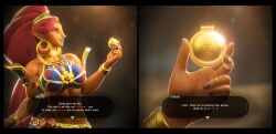 1girls 3d 3d_(artwork) 3dcg abs breath_of_the_wild chastity chastity_cage chastity_device dark-skinned_female earrings female_domination female_only femdom futile3d gerudo pov red_hair solo solo_female text text_box text_bubble the_legend_of_zelda triforce urbosa