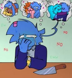 1boy 3girls biting_own_lip blue_skin couple_sex crying disgusted friends_with_benefits hypersexual imagination incest knife oc ocs original_character original_characters roze_stacey sttar trauma traumatized vlue_lake vlues_key zky_cyan