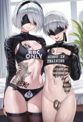1boy 1girls ai_generated basicallynomore blacked blacked_clothing blindfold both_sexes_in_same_situation breasts cage chastity_cage chastity_device female_supporting_yaoi light-skinned_female light-skinned_male light_skin medium_breasts medium_hair nier:_automata nier_(series) qos qos_tattoo queen_of_spades short_hair sissy thighhighs thighs white_hair yorha_2b yorha_9s